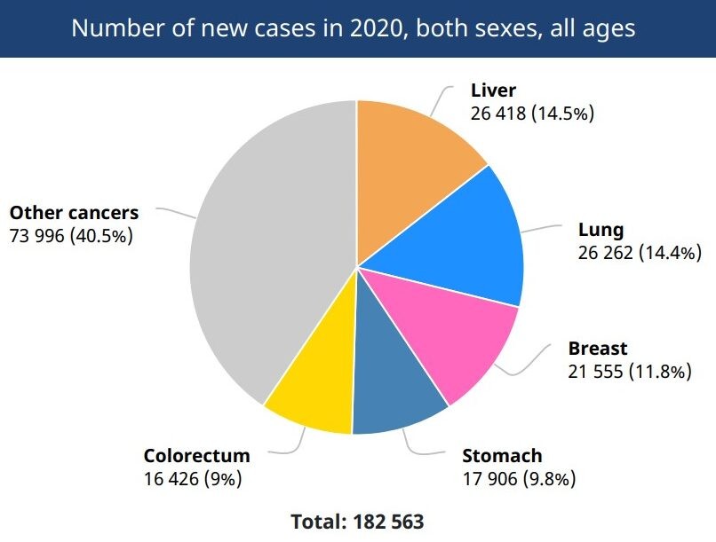 Biểu đồ: Tỉ lệ mới mắc của các loại ung thư ở Việt Nam (Theo GLOBOCAN 2020)
