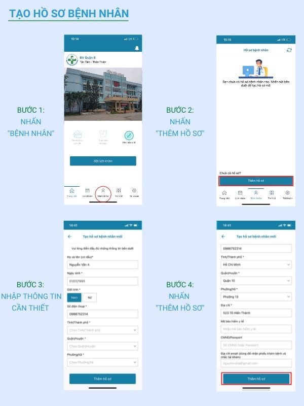 4 bước tạo hồ sơ trên ứng dụng bệnh viện quận 8