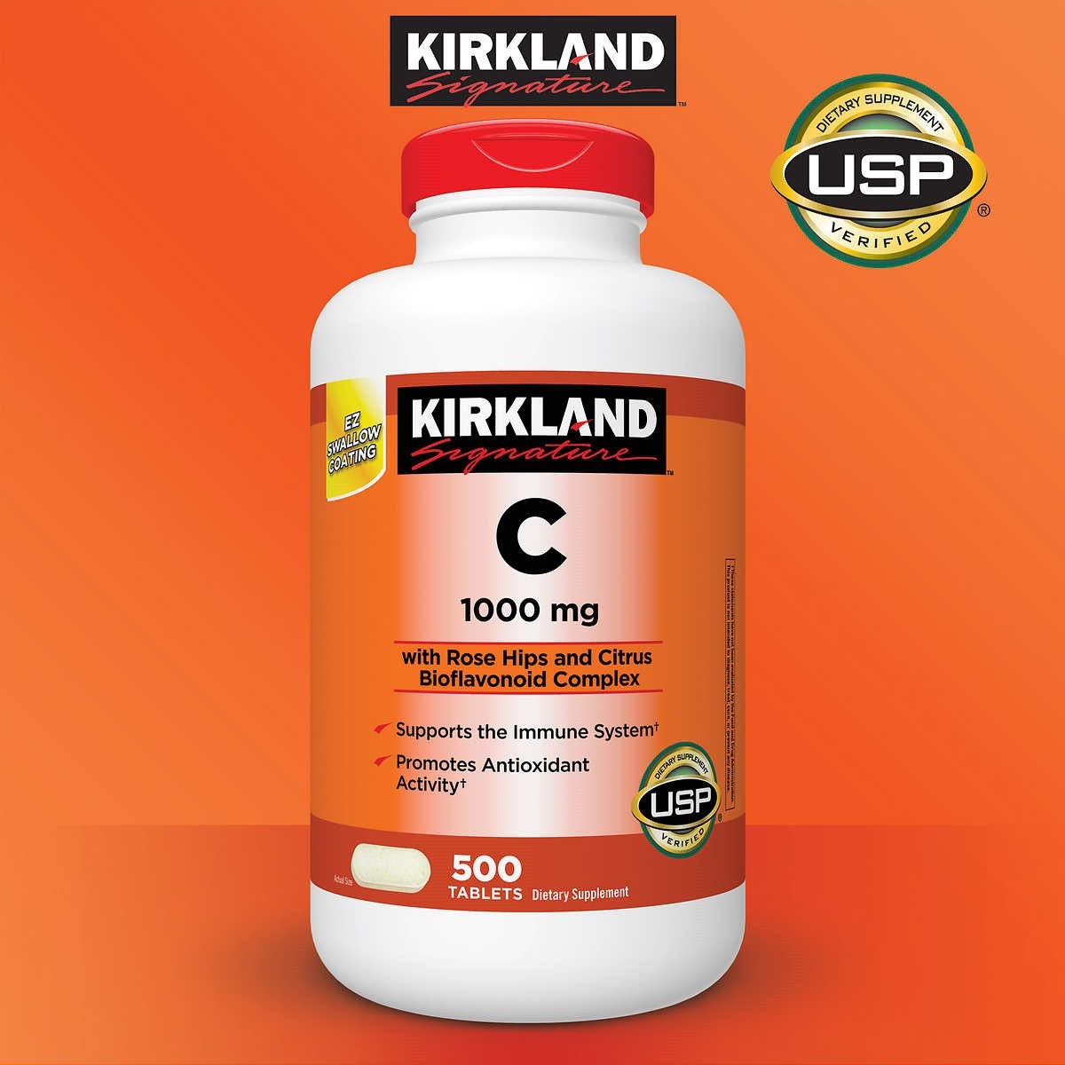 Viên uống Vitamin C Kirkland được đóng gói trong lọ chắc chắn, nắp có màu đỏ