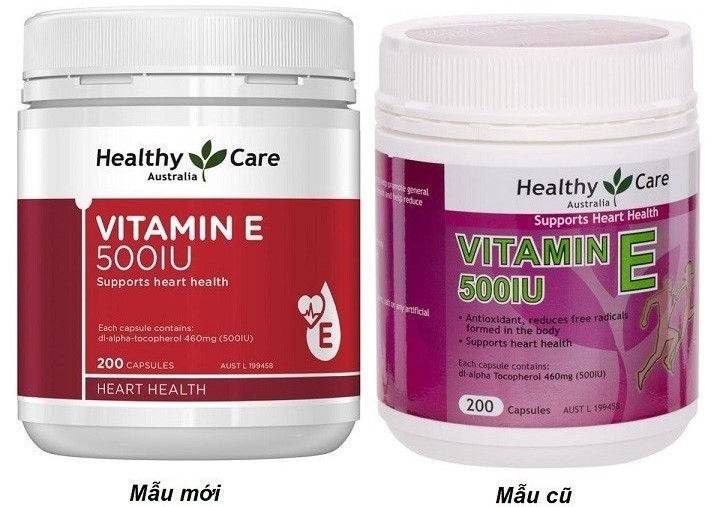 Hai mẫu bao bì mới (bên trái) và cũ (bên phải) của viên uống Vitamin E Healthy Care