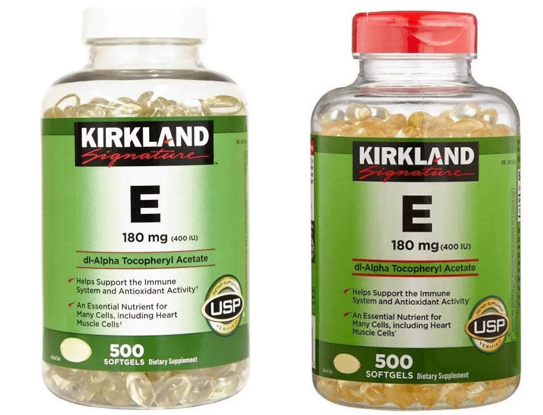 Các dạng bao bì cũ (trái) và mới (phải) của Vitamin E Kirkland 400 IU 