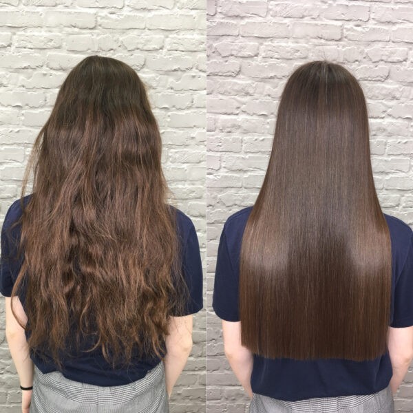 Phương pháp keratin phục hồi sự mềm mượt của tóc: mái tóc trước khi diều trị keratin (bên trái), mái tóc sau khi điều trị keratin (bên phải)