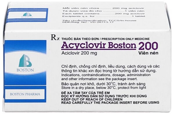 Thuốc Acyclovir Boston 200 dùng để điều trị và dự phòng nhiễm virus Herpes simplex, điều trị bệnh thuỷ đậu, bệnh zona