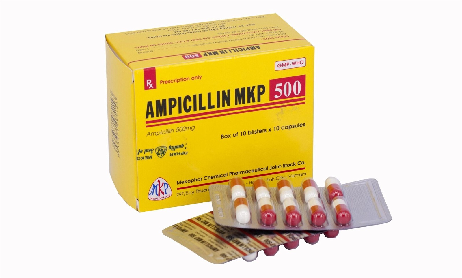 Ampicillin Mekopha dạng uống được điều chế dạng viên nang, đảm bảo dễ uống và tiện dụng