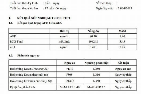 Mẫu phiếu kết quả xét nghiệm Triple test