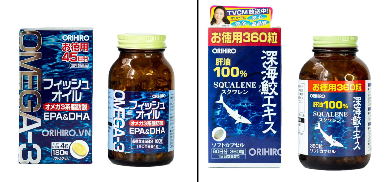 Dầu cá Omega 3 Orihiro (trái) và dầu gan cá mập Orihiro (phải)