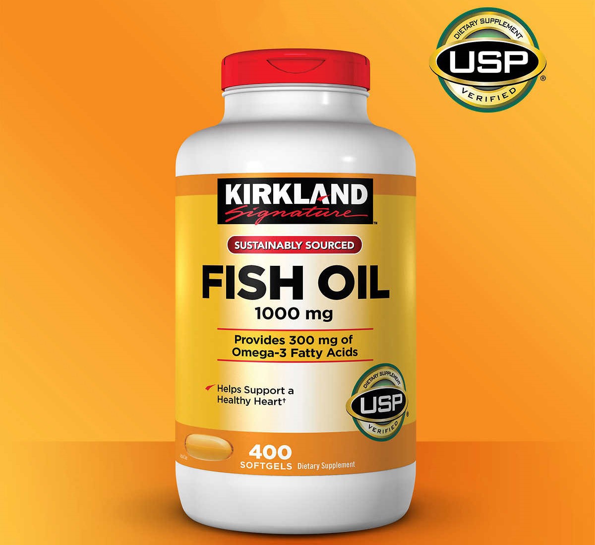 Kirkland Fish Oil chính hãng có ký hiệu USP ở góc trái sản phẩm
