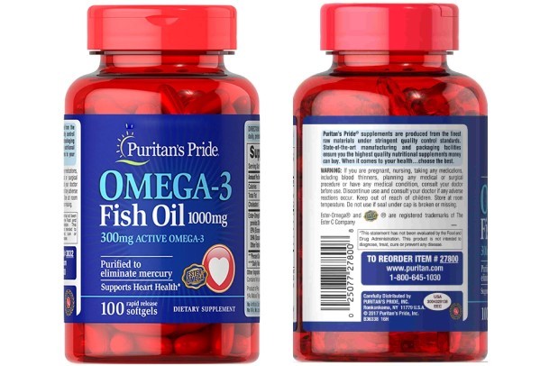Puritan's Pride Omega 3 Fish Oil có bao bì in đầy đủ các thông tin về sản phẩm