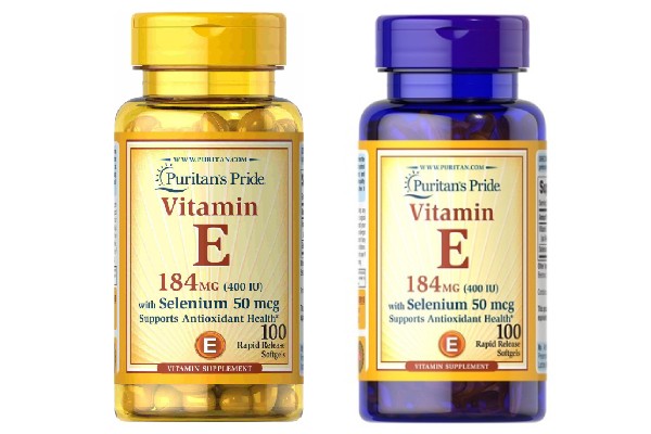 Một số sản phẩm Puritan's Pride Vitamin E đã thay đổi màu sắc lọ sản phẩm thành màu xanh (phải) thay vì màu vàng (trái)