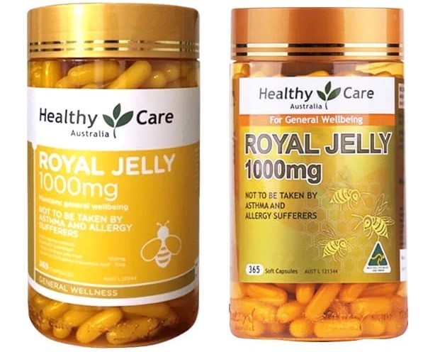 Sản phẩm sữa ong chúa Healthy Care Royal Jelly bao bì cũ (phải) và bao bì mới (trái)