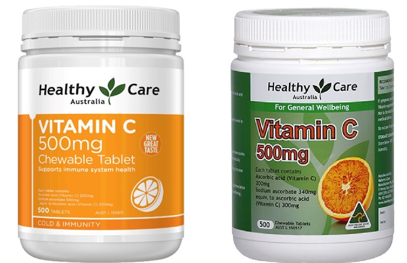 Vitamin C 500 mg Healthy Care mẫu cũ (phải) và mẫu mới (trái)