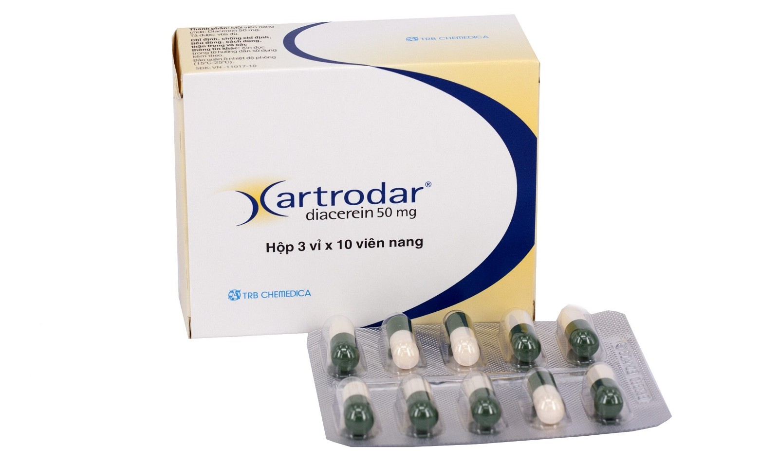 Thuốc Artrodar được đóng gói trong hộp 3 vỉ, mỗi vỉ 10 viên
