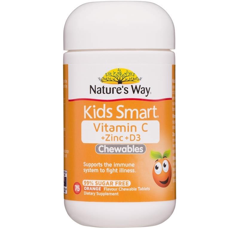 Nature’s Way Kids Smart Vitamin C + Zinc + D3 Chewable Tablets chứa các thành phần vitamin C, kẽm và vitamin D3