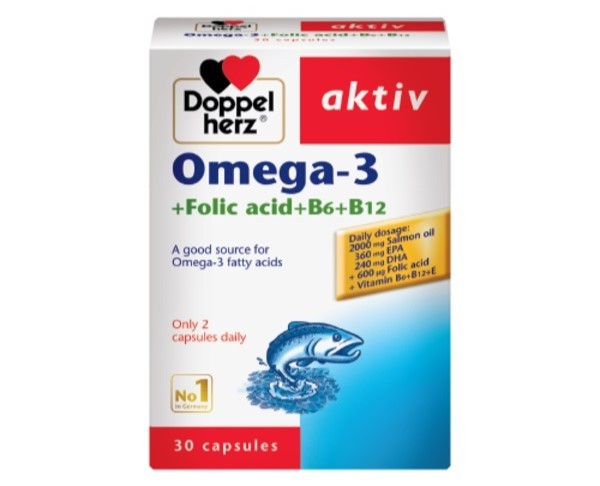 Viên uống Doppelherz Aktiv Omega 3 + Folic Acid + B6 + B12 giúp bổ sung omega 3 và một số vitamin cần thiết cho cơ thể