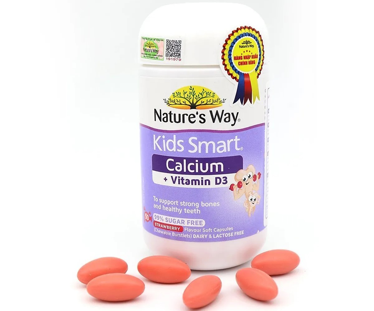 Nature's Way Kids Smart Calcium + Vitamin D3 Burstlets có dạng viên nang mềm, màu đỏ gạch, dễ sử dụng