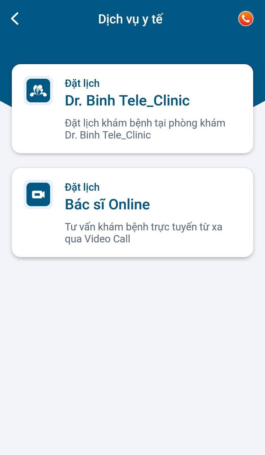 Người dùng Medihome có thể đặt khám tại phòng khám Dr.Binh Tele_Clinic hoặc khám online với bác sĩ trực tuyến