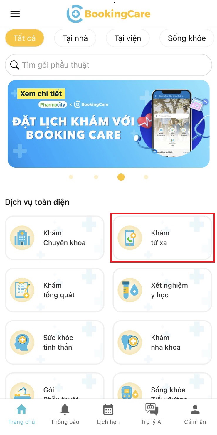 Tại trang chủ app BookingCare, chọn Khám từ xa để sử dụng dịch vụ