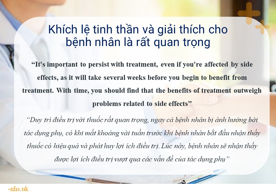 Bác sĩ cần khích lệ tinh thần và giải thích giúp bệnh nhân vượt qua các vấn đề tác dụng phụ khi điều trị