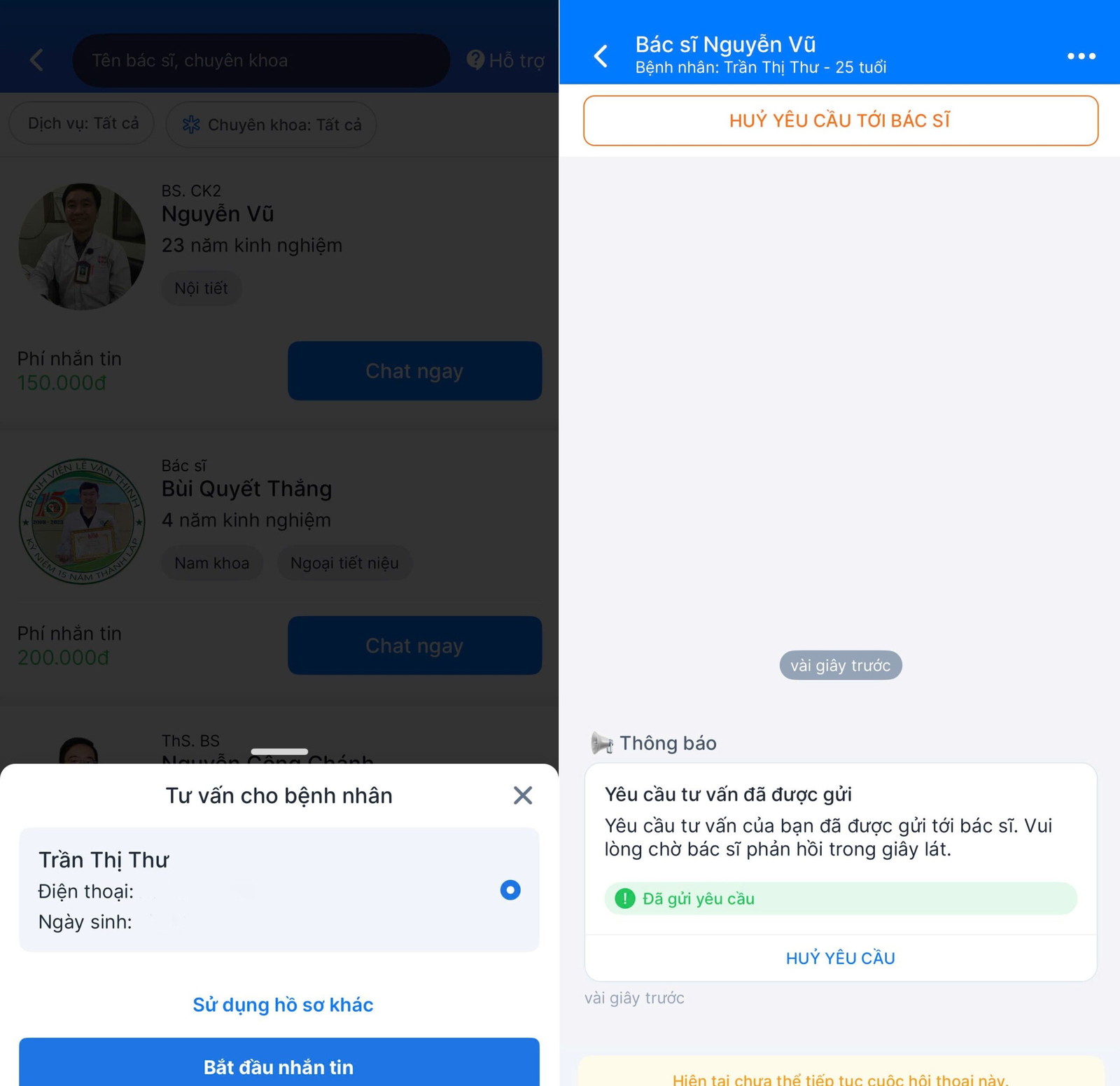 Chọn “Chat ngay” và đợi bác sĩ trong ít phút