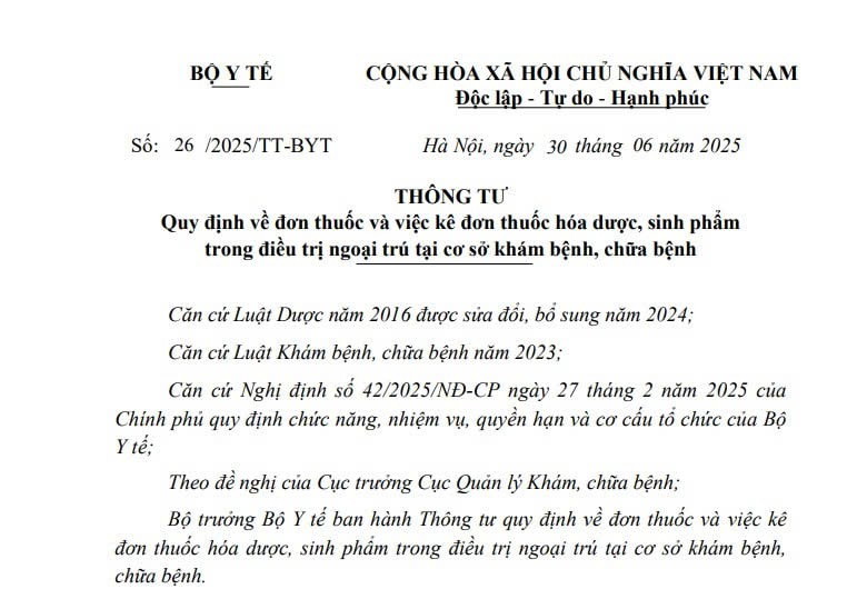Thông tư 26/2025/TT-BYT bắt buộc các phòng khám tư nhân triển khai kê đơn thuốc điện tử chậm nhất 01/01/2026