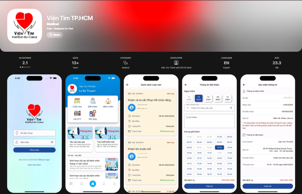 Giao diện đặt lịch khám Bệnh viện Tim TPHCM trên ứng dụng