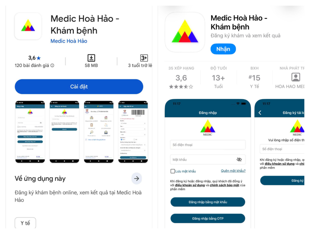 Đặt lịch khám bệnh viện Hòa Hảo trên CH Play (bên trái) và App Store (bên phải)