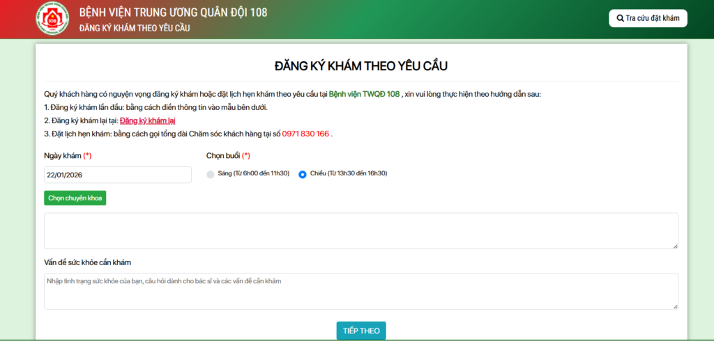 Hướng dẫn các cách đặt lịch khám Bệnh viện 108 đơn giản, dễ thực hiện 4 Giao diện đặt lịch khám Bệnh viện 108 trên website của bệnh viện