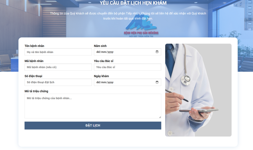 Giao diện đặt lịch khám Bệnh viện Phụ sản MêKông qua website