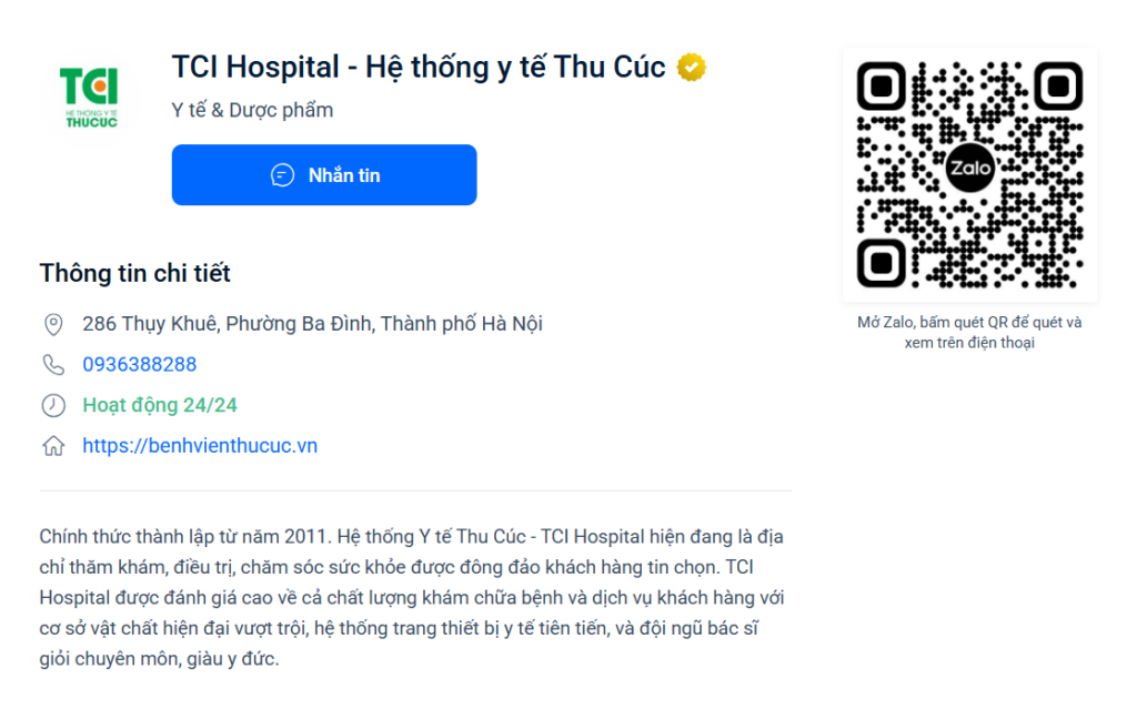 Hướng dẫn cách đặt lịch khám Bệnh viện Thu Cúc chính thức 2026 5 Giao diện Zalo OA chính thức của TCI Hospital giúp đặt lịch nhanh chóng
