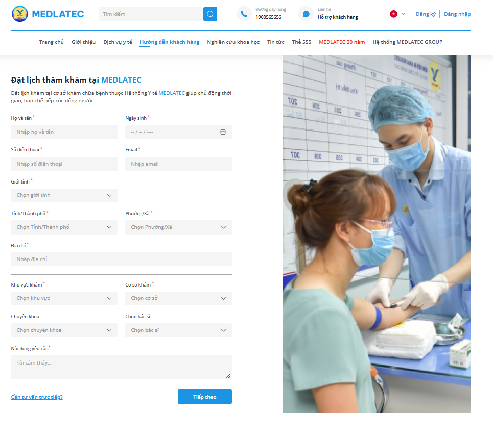 Giao diện đặt lịch khám tại website của phòng khám Đa khoa MEDLATEC