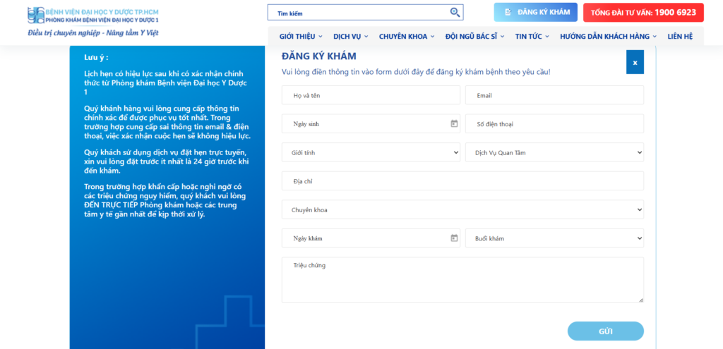 Phòng khám Bệnh viện Đại học Y Dược 1: Địa chỉ khám chữa bệnh uy tín tại TP.HCM 6 Giao diện đặt lịch khám tại Phòng khám Bệnh viện Đại học Y Dược 1