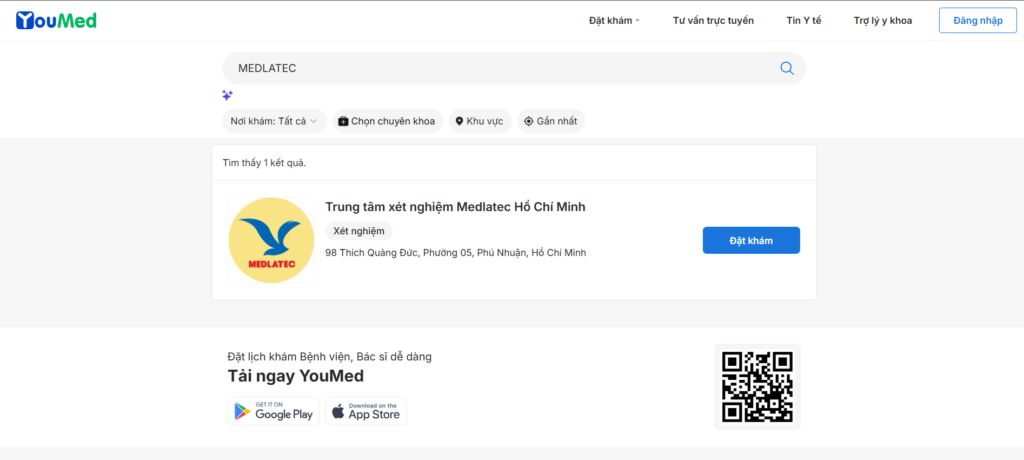 Giao diện đặt lịch khám phòng khám Đa khoa MEDLATEC Hồ Chí Minh trên ứng dụng YouMed