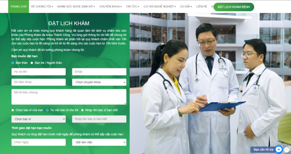 Giao diện đặt lịch khám Phòng khám Thành Công qua website