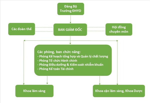 Sơ đồ cơ cấu tổ chức của Bệnh viện Đại học Quốc gia Hà Nội