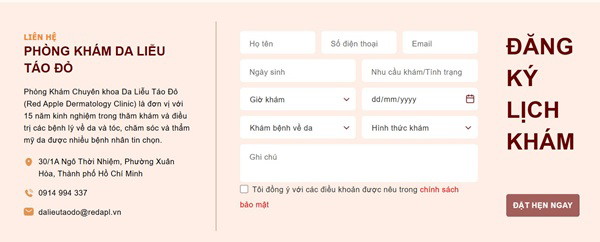 Hướng dẫn khám, chữa bệnh tại Phòng khám Da liễu Táo đỏ 5 Đặt lịch khám tại Phòng khám Da liễu Táo Đỏ tại phần liên hệ